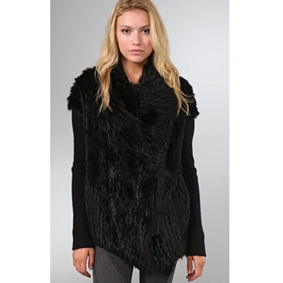HELMUT LANG Black Rabbit Fur Knit Asymmetrical Zip-Up Sweater Jackets SZ M - Picture 1 of 3